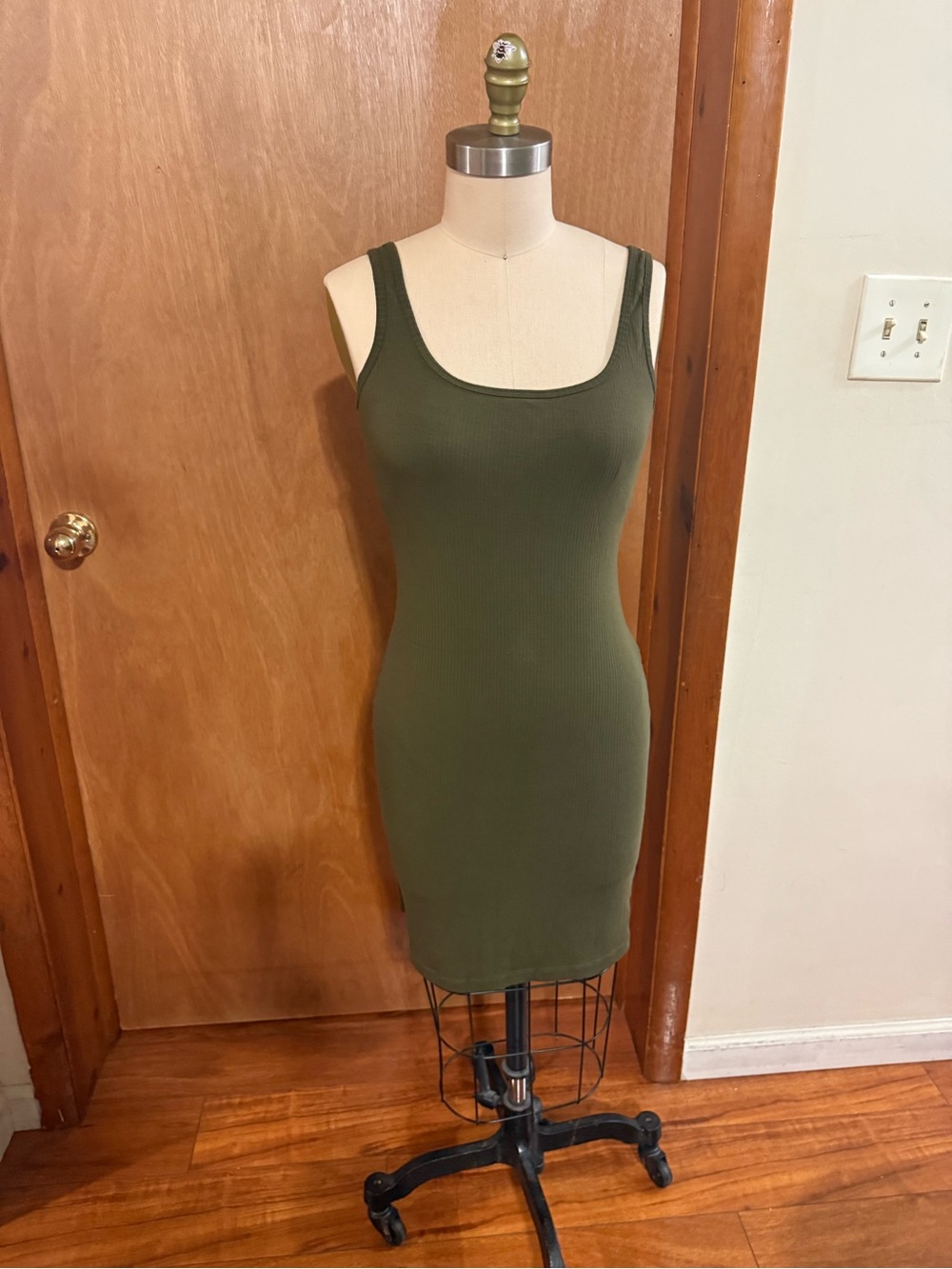 Slim Ribbed Tank Midi Dress in Olive Green